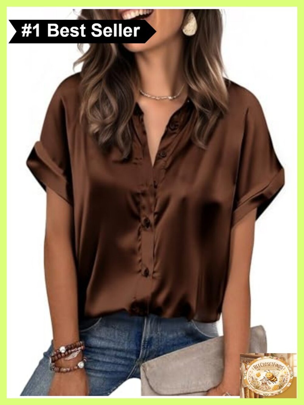 Satin Button-Down Blouse Short Sleeve V-Neck Shirt